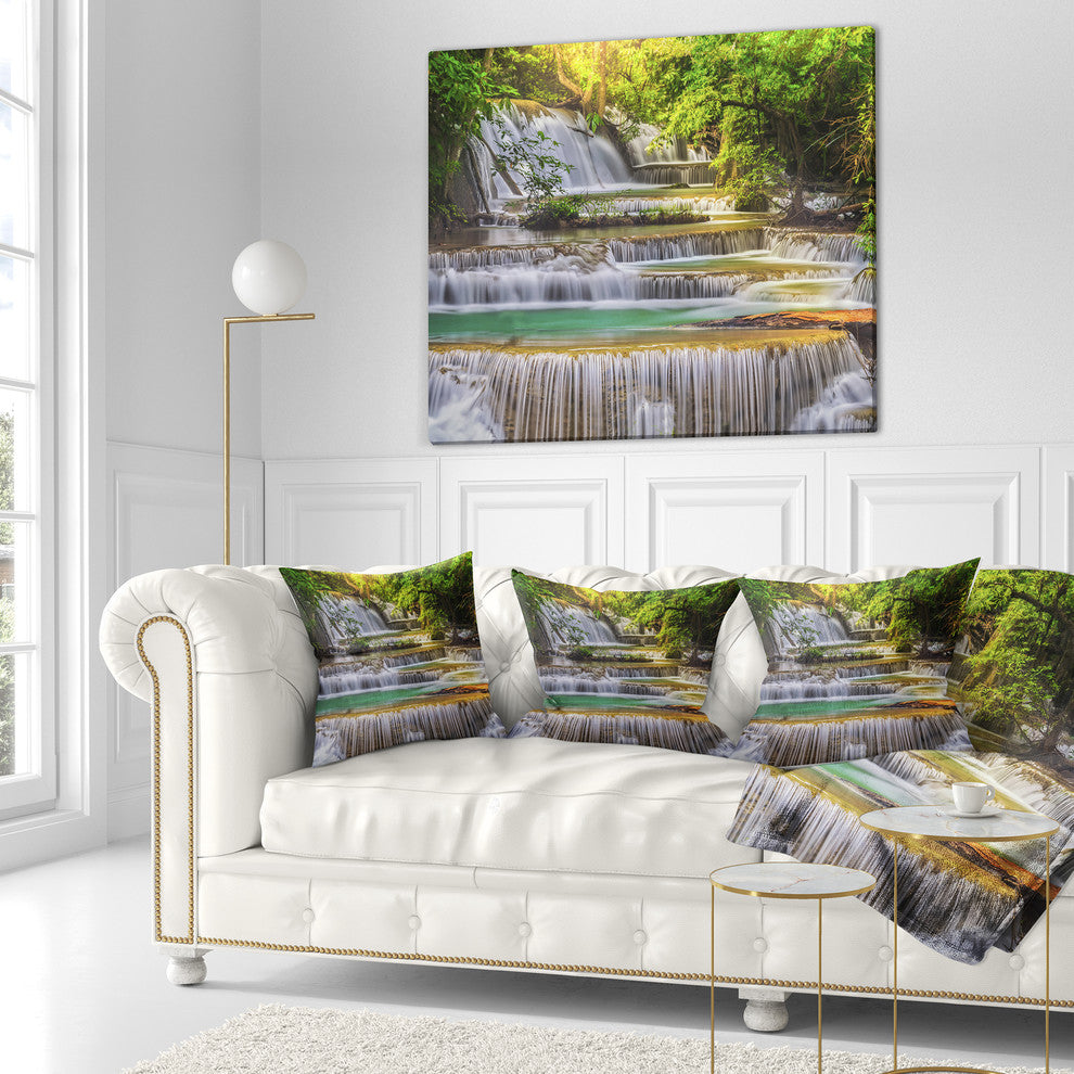Tranquil Erawan Waterfall Landscape Printed Throw Pillow, 18"x18"
