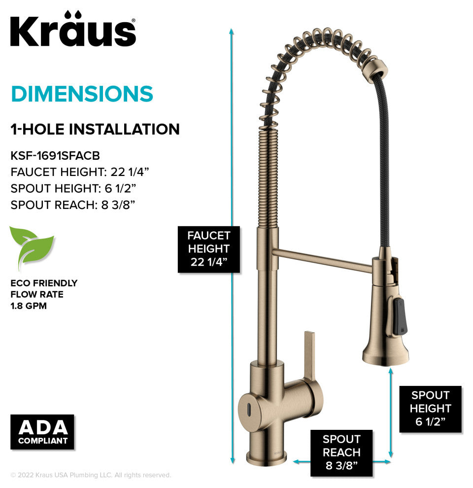 Britt Commercial Style 3-Function Pull-Down 1-Handle 1-Hole Kitchen Faucet, Spot Free Antique Champagne Bronze (Touchless Ksf-1691sfacb)