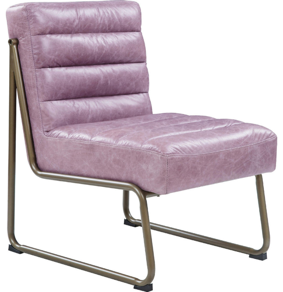 Benzara BM275479 Grain Leather Accent Chair, Metal Frame, Tufted Channel, Purple