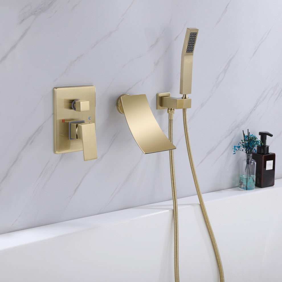 Wall Mounted Pressure Balance Dual Handle Roman Tub Faucet with Hand shower, Bru