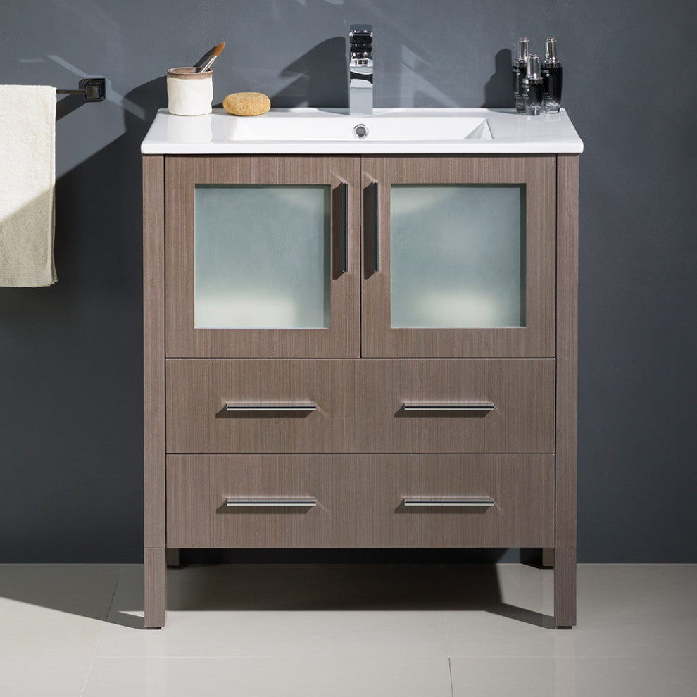 Torino Modern Bathroom Cabinet With Top and Vessel Sink, Gray, 30"