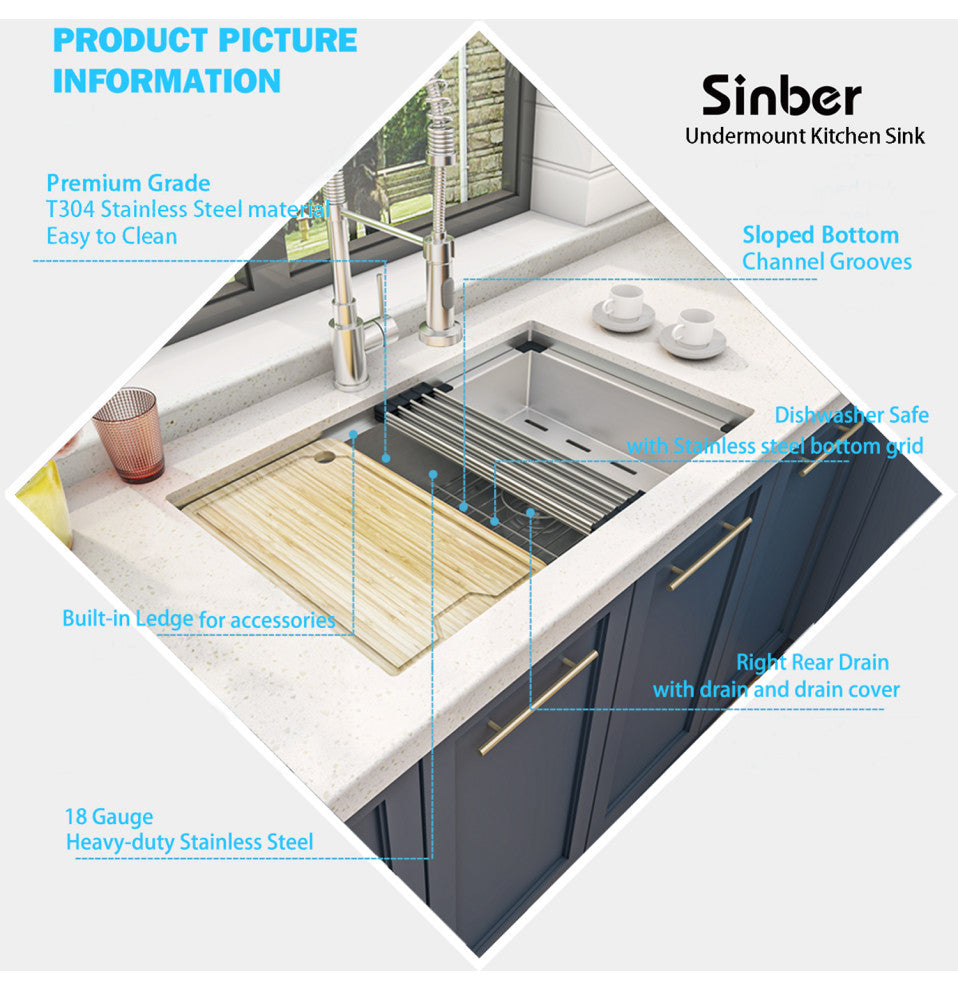 Sinber Single Bowl Kitchen Sink with 304 Stainless Steel Satin Finish, 30"x19" Workstation, Undermount