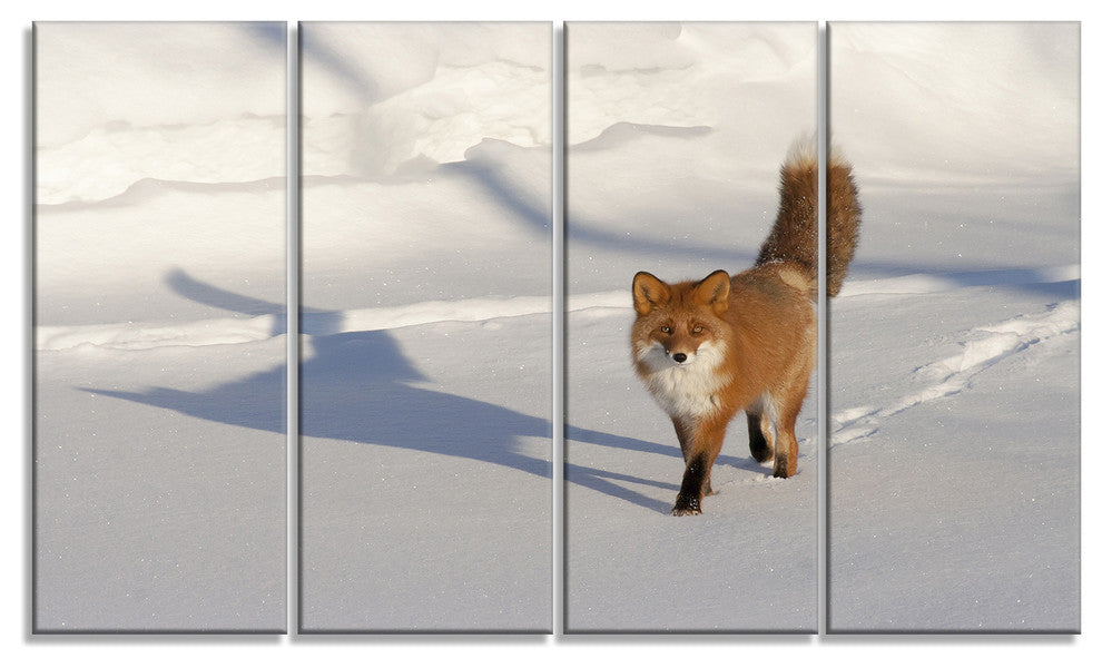 Brown Winter Cat with Footprints, Oversized Animal Wall Art, 48"x28", 4 Panels