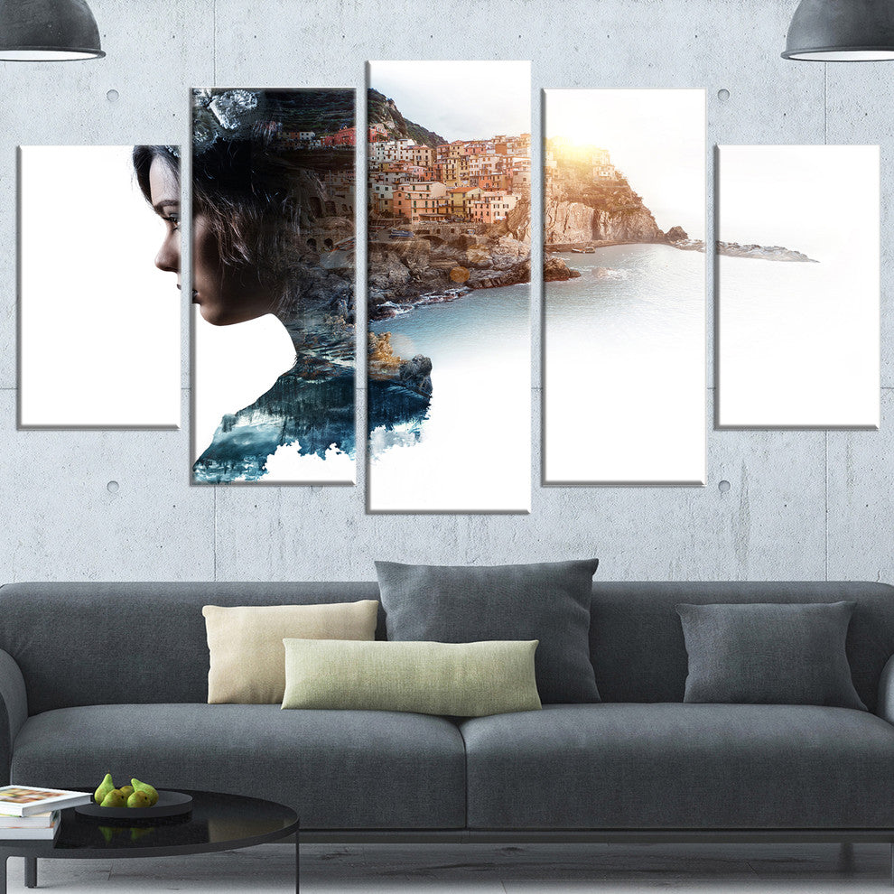 Double Exposure Woman Portrait, Portrait Canvas Art Print, 60"x32", 5 Panels
