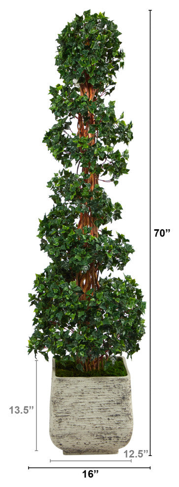 70" English Ivy Topiary Spiral Faux Tree, Planter UV Resistant, Outdoor/Indoor