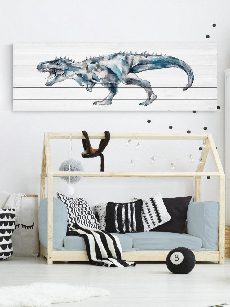 "Fierce Dinosaur" Painting Print on White Wood, 45x15