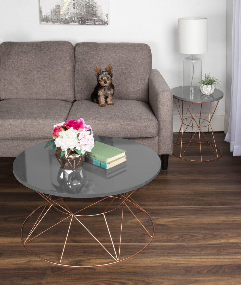 Mendel Round Rose Gold Metal Coffee Table, Gray