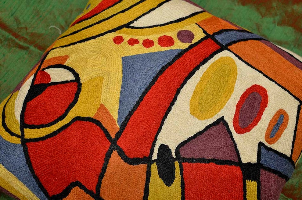 Decorative Musical Accent Pillow Cover Hand Embroidered Wool 18x18"