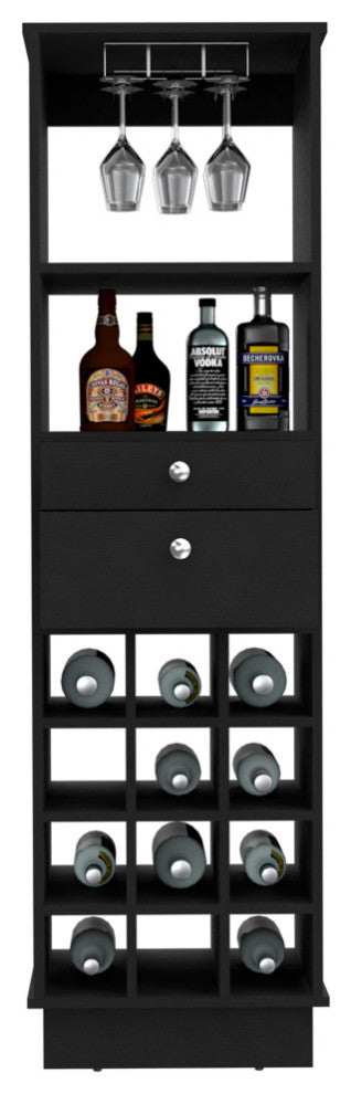 Hype Bar Cabinet with 12 Wine Cubbies, 2 Drawers, Glass Rack, and Shelf, Black