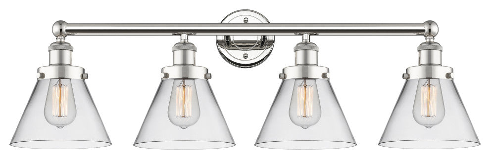 Large Cone 4-Light 35" Bath Vanity Light, Polished Nickel Finish, Clear Shade