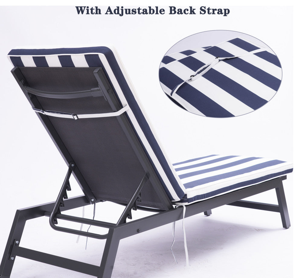 Outdoor Chaise Lounge Chair Set With Cushions, Set of 2, Blue White