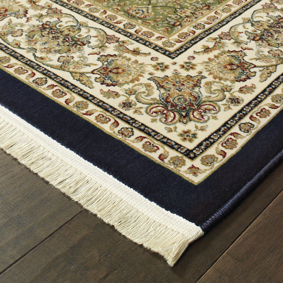 Mackenzie Regal Medallion Navy/ Ivory Fringed Area Rug, 5'3"X7'6"
