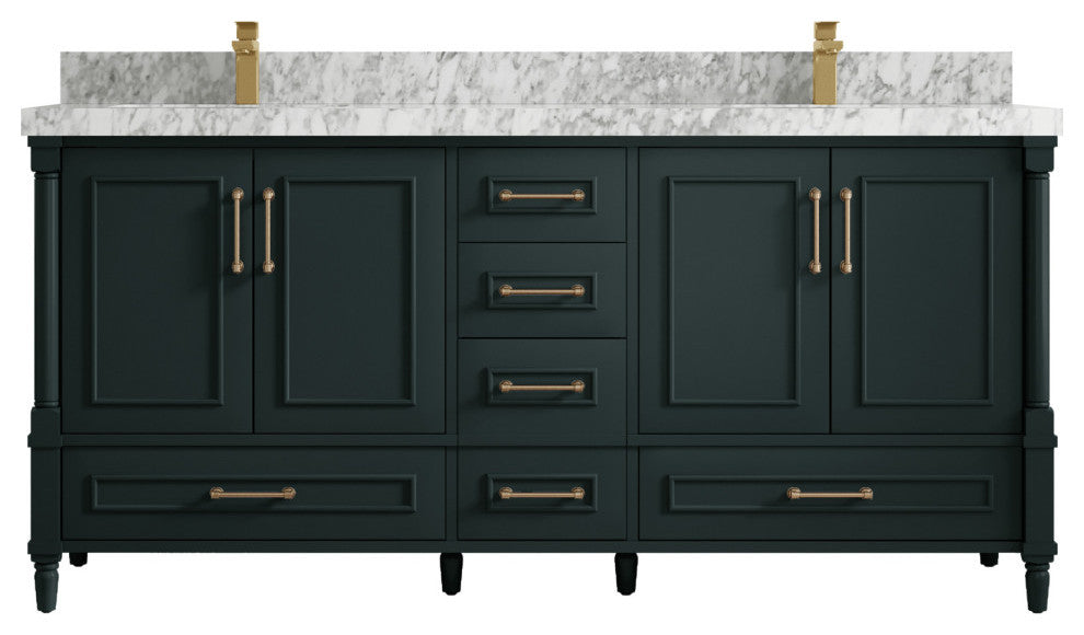 Aberdeen 72 Double Sink Bath Vanity in Dark Forest Green 2" Carrara Marble