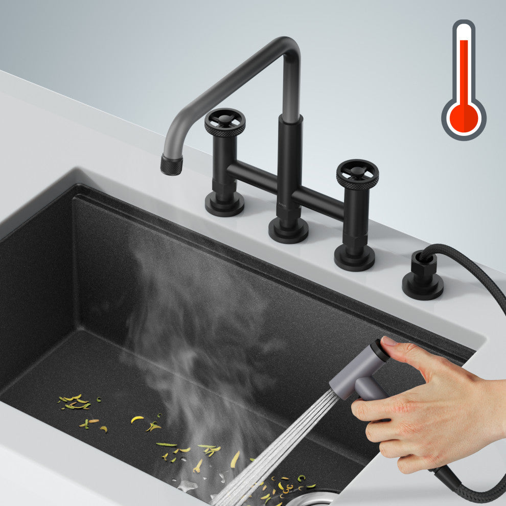 Urbix Transitional 2-Function Bridge Kitchen Faucet, Matte Black/ Grey