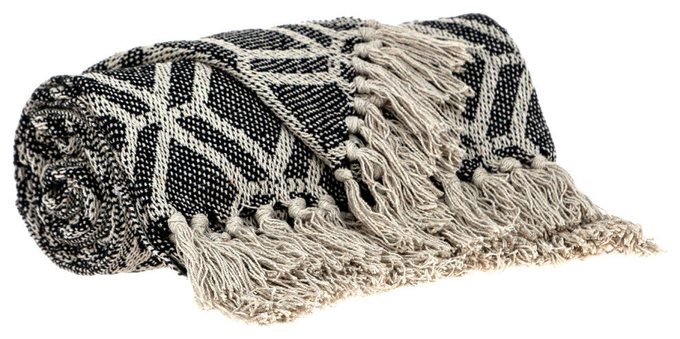 Gray and Beige Handloom Geometric Woven Throw Blanket