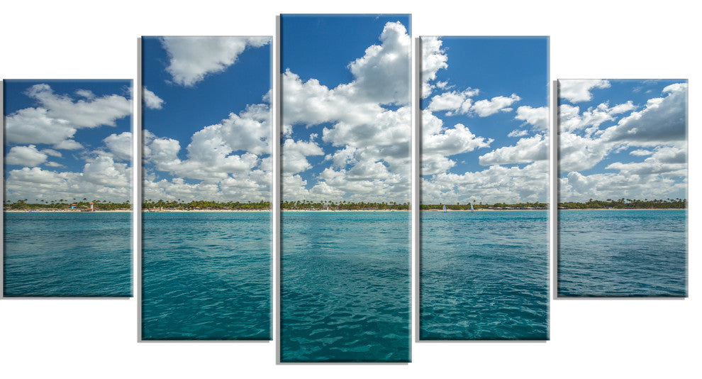 "White Fluffy Clouds Over Sea" Oversized Beach Canvas Artwork, 5 Panels, 60"x32"
