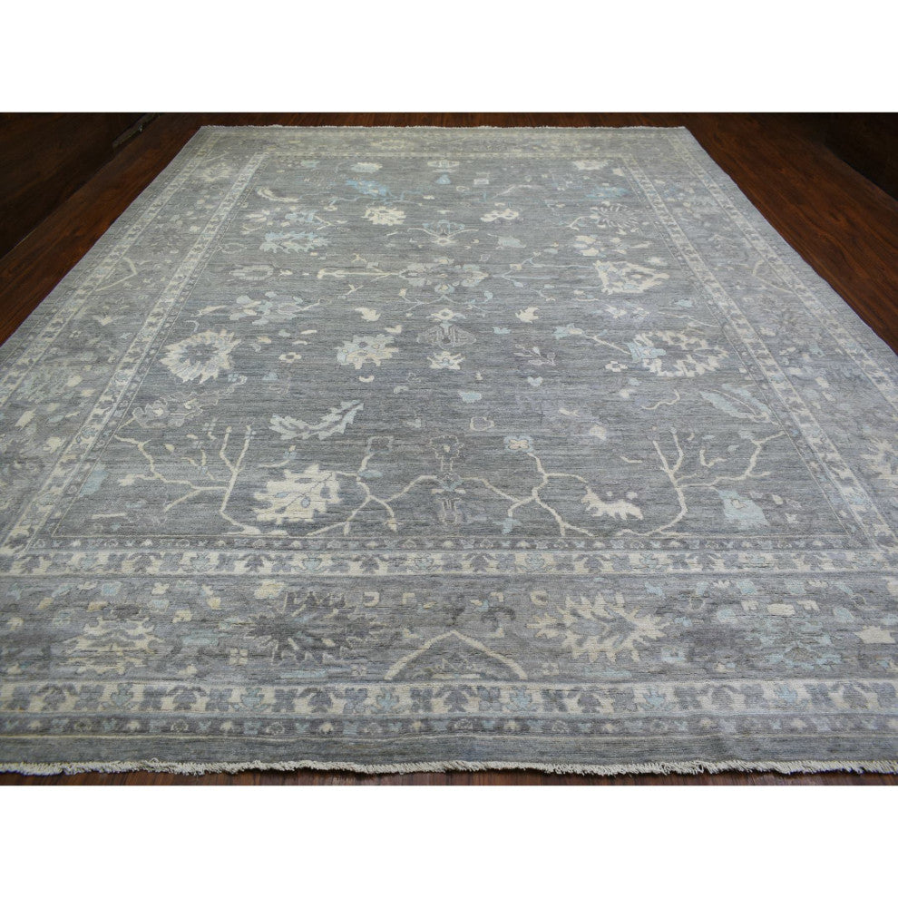 Gray, Hand Knotted Afghan Angora Oushak, Soft Wool Oversized Rug, 12'0"x15'2"