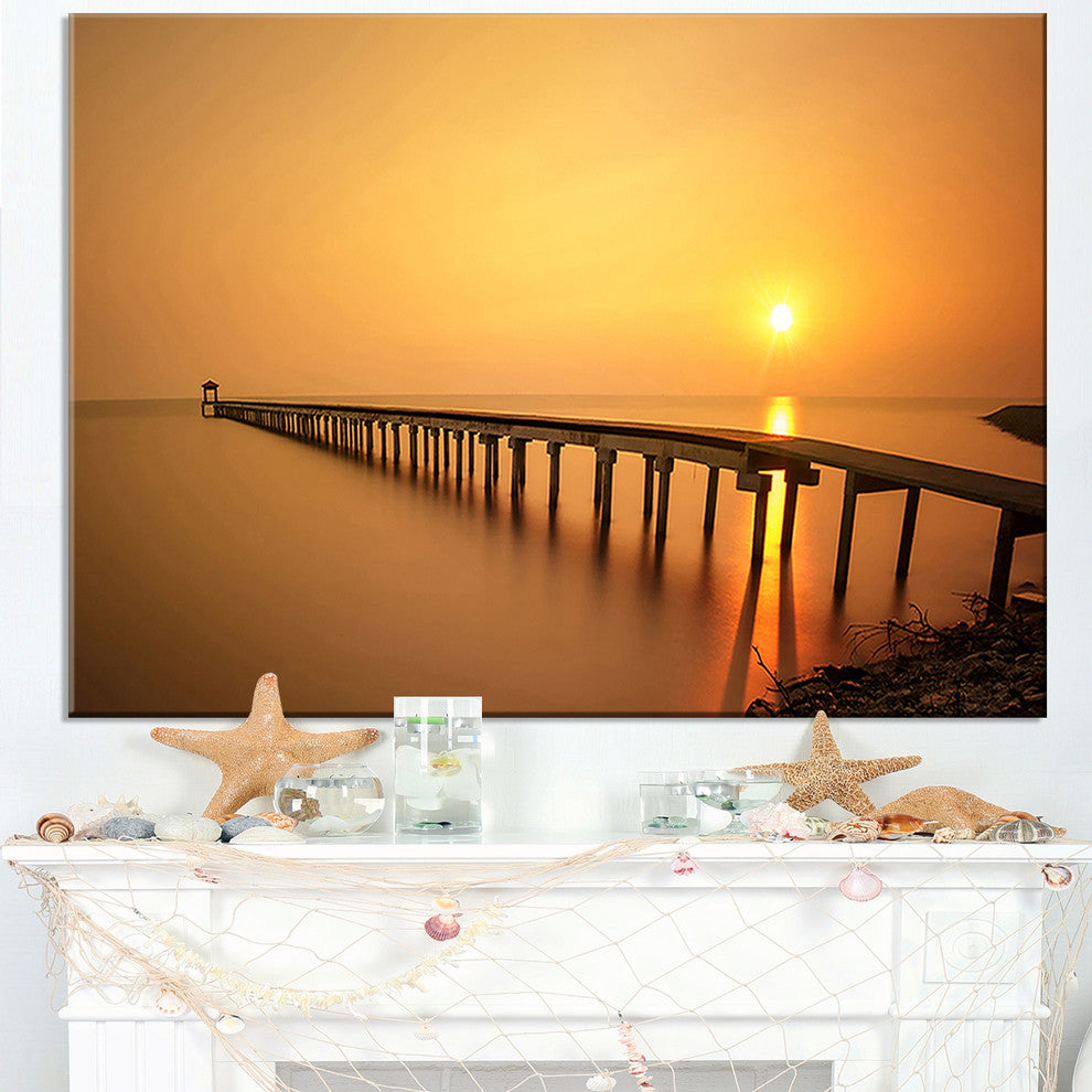 "Old Wooden Pier Long To Evening Sea" Sea Pier and Bridge Wall Art, 40"x30"