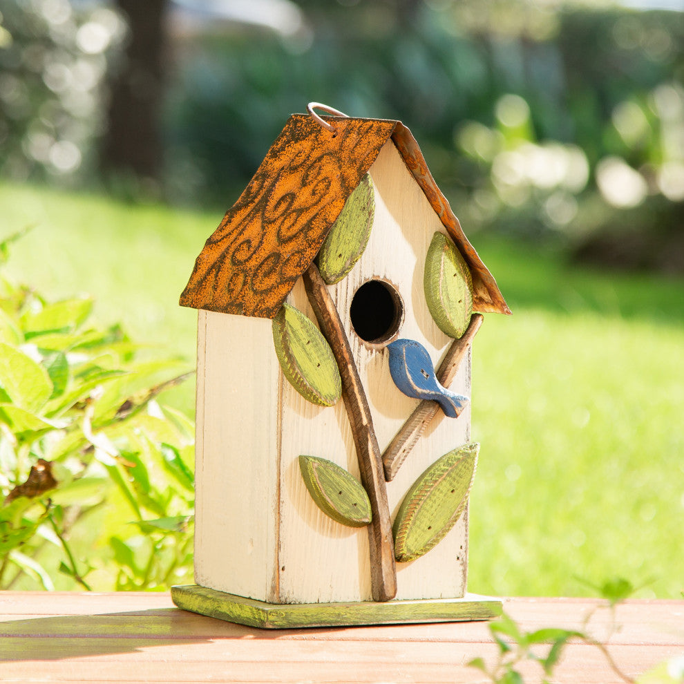 9.75"H Washed White Distressed Solid Wood Birdhouse With 3D Tree and Bird