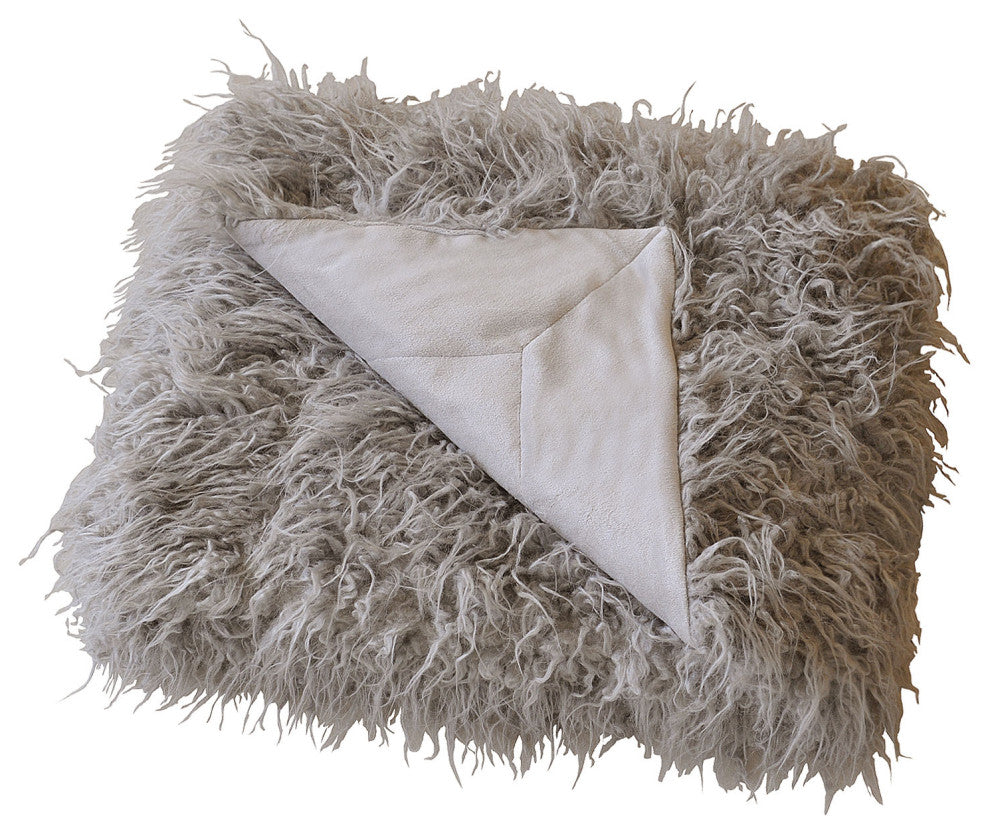 Mongolian Faux Fur 3 Piece Throw Blanket and Pillow Shell Set, Gray, 50"x60"