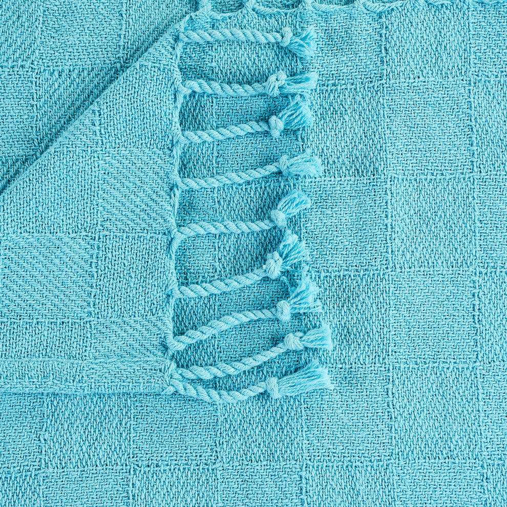 Checkered Weave Throw Blanket with Fringe, Angel Blue