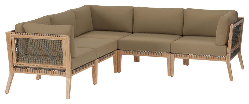 Clearwater Outdoor Patio Teak Wood 5-Piece Sectional Sofa, Gray Light Brown