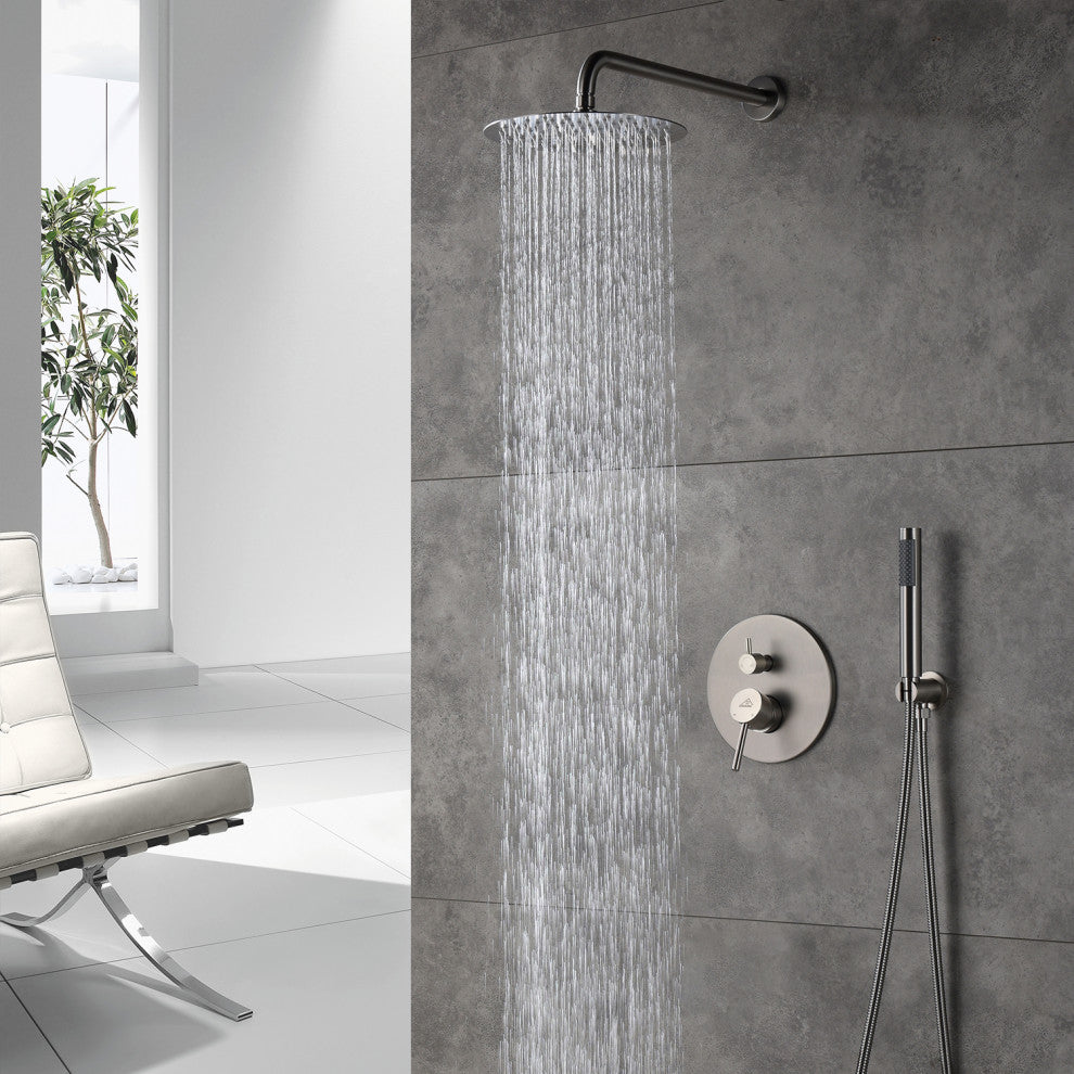 CASAINC 10" Round Wall Mounted Luxury Rain Shower System with Handheld Spray, Brushed Nickel