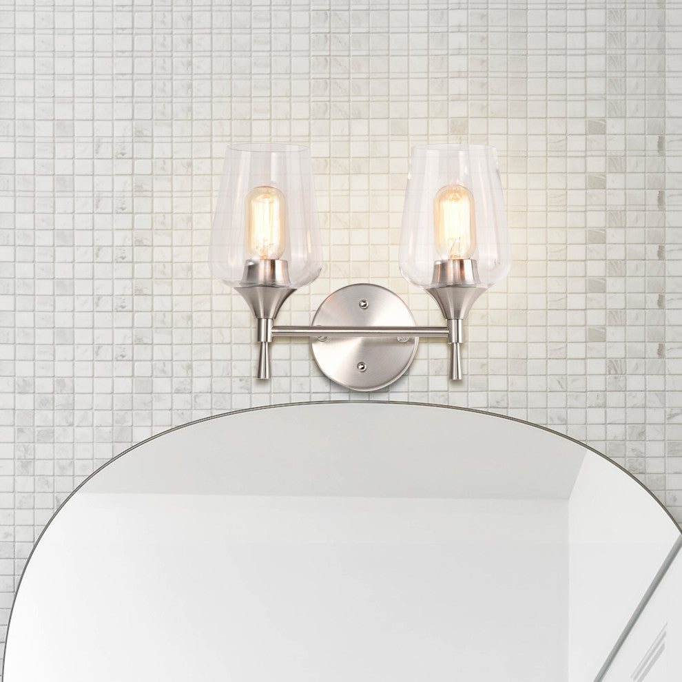 13 in. 2-Light Brushed Nickel Vanity Light With Clear Wine Glass Shades