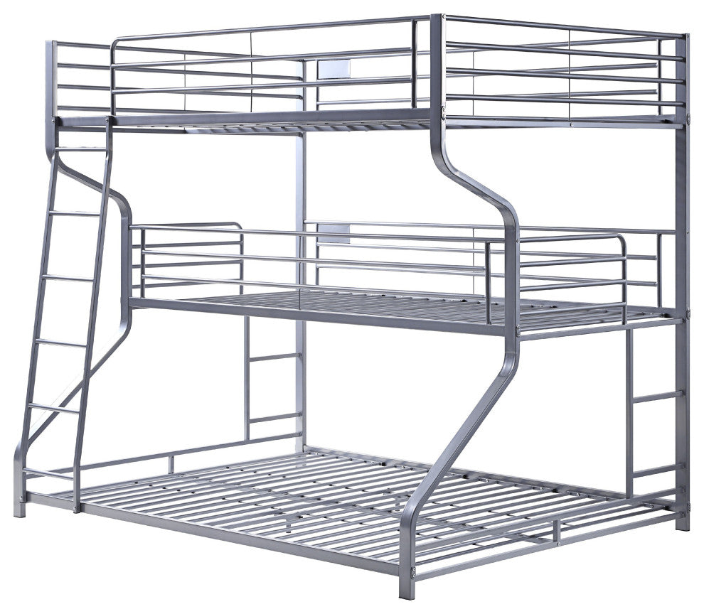 Benzara BM214895 3 Tier Bunk Bed With Curved Metal Frame and Guardrails, Silver
