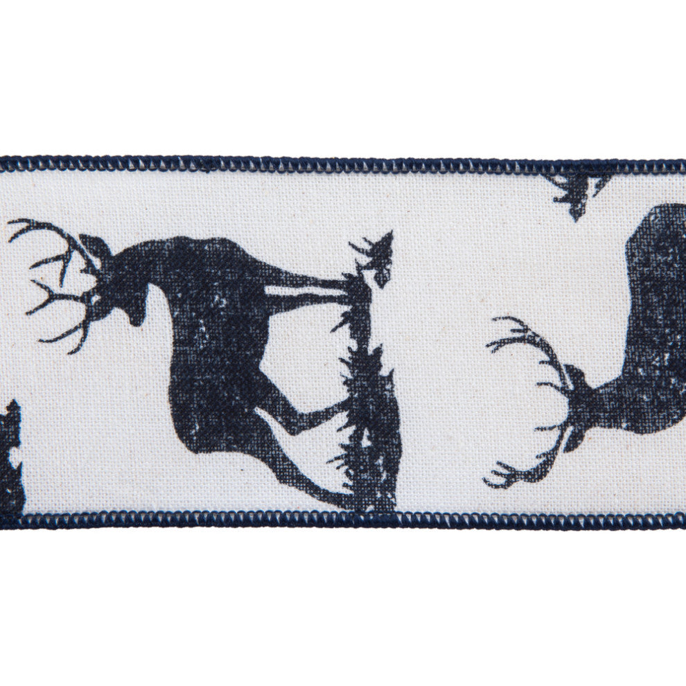 Vickerman Q202743 2.5"X10 Yard Ivory And Dark Blue Buck Print Christmas Ribbon