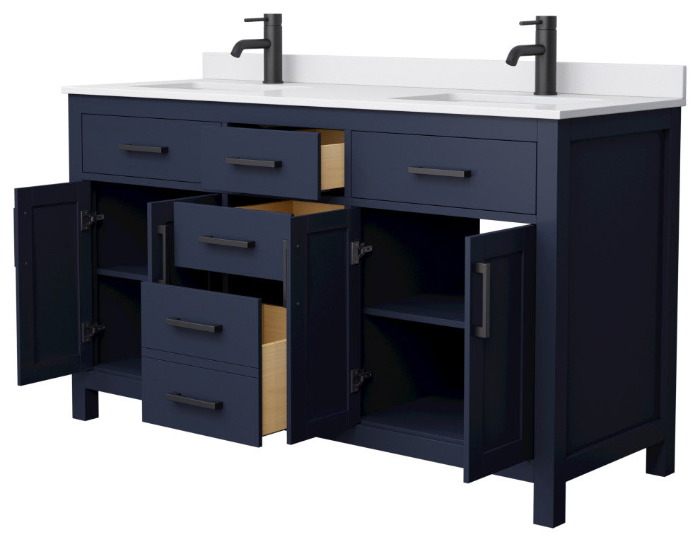 60"DBL Vanity Dark Blue, White Cult. Marble Countertop, Sinks, Black Trim