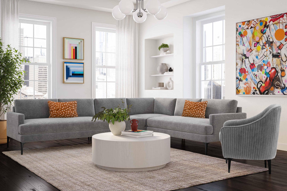 Serena Gray Velvet Large L-Sectional With Black Legs