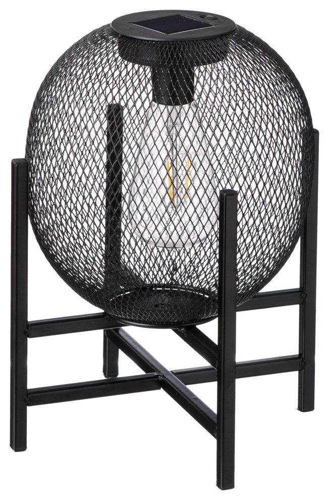 11.5"H Metal Mesh Black Solar Powered Outdoor Lantern With Stand
