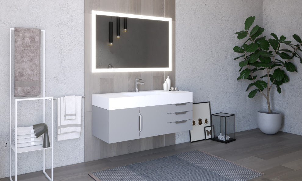 CastelloUSA Amazon 48" Wall Mounted Vanity Set, Gray, White Top, Brushed Nickel