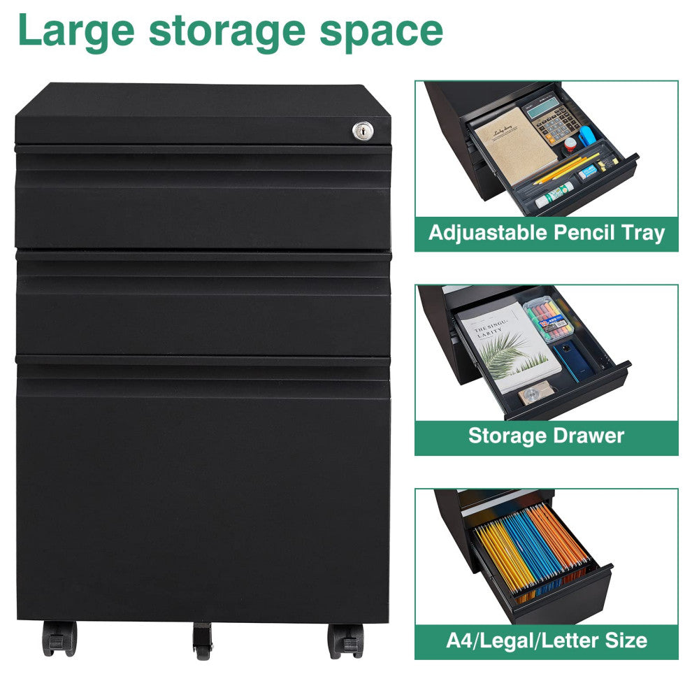 3 Drawer Mobile File Cabinet Under Desk Storage File Cabinets, Black