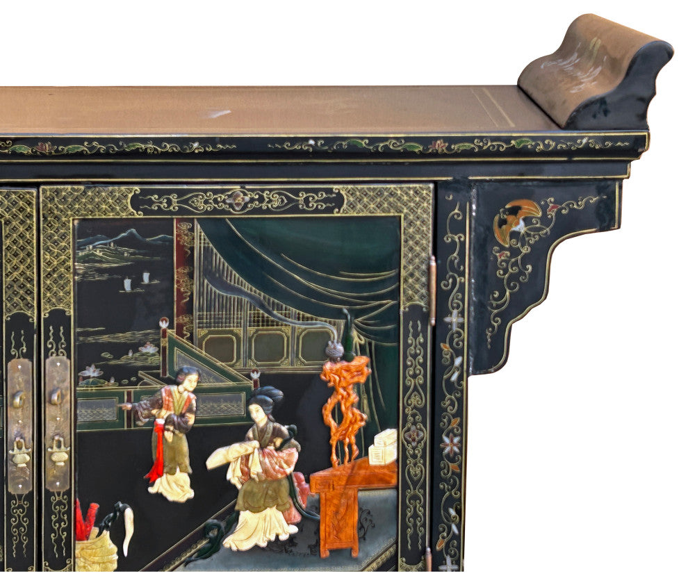 Vintage Chinoiseries Black Stone Inlay Graphic Credenza Storage Cabinet Hws4256