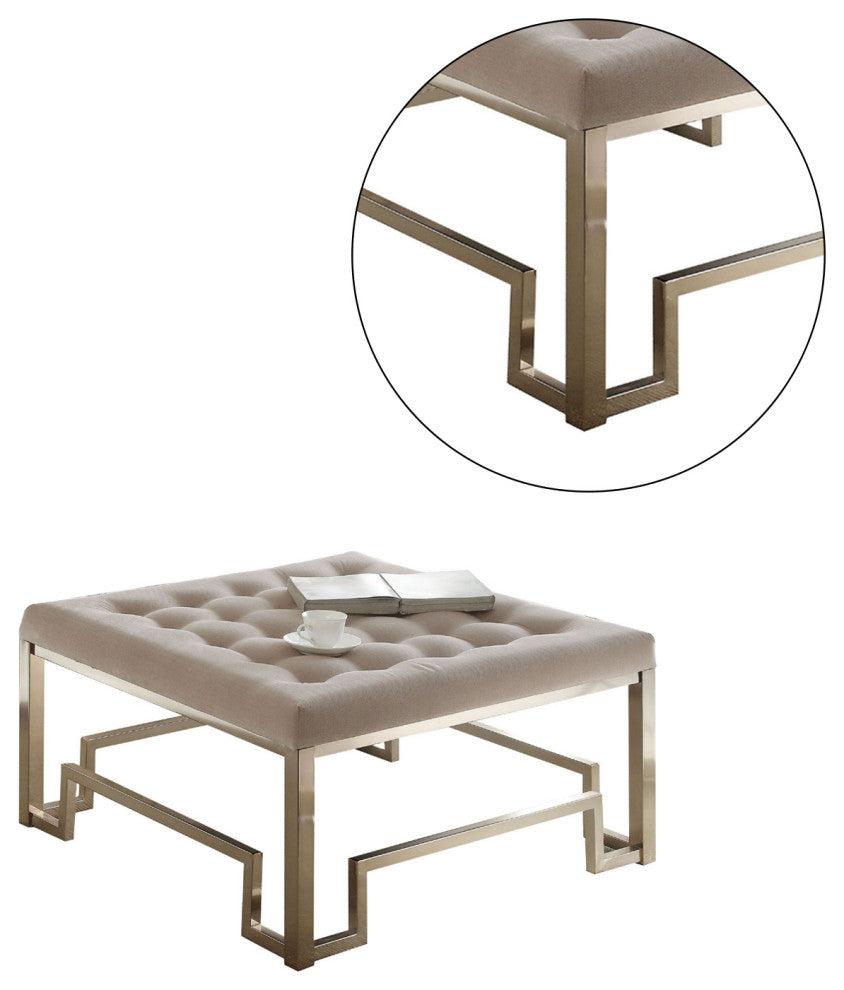Beige Fabric Ottoman, Beige and Champagne
