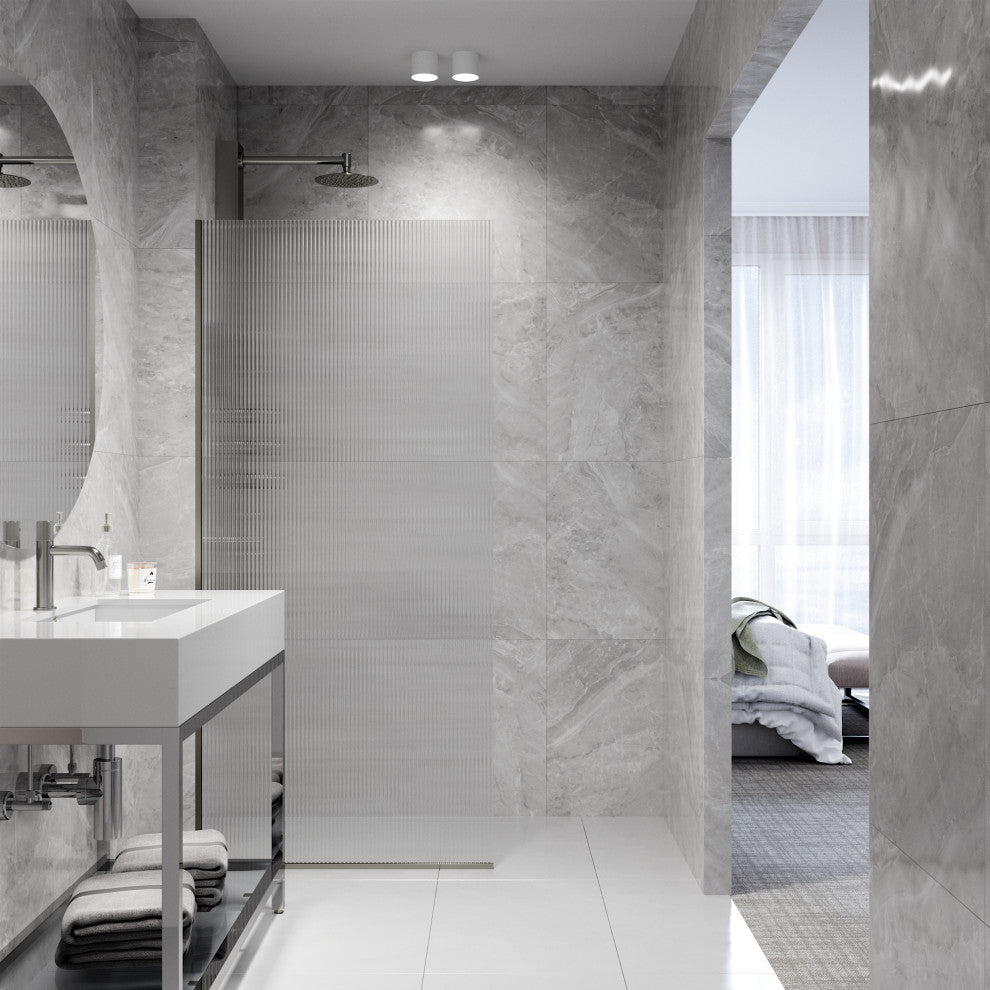 VIGO Zenith Frameless Fixed, Stainless Steel, Shower Screen, 34" W X 74" H, Fluted Glass