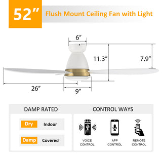 CARRO 52" Flush Mount Ceiling Fan with Dim Light and Remote 10 Speed, White/Gold
