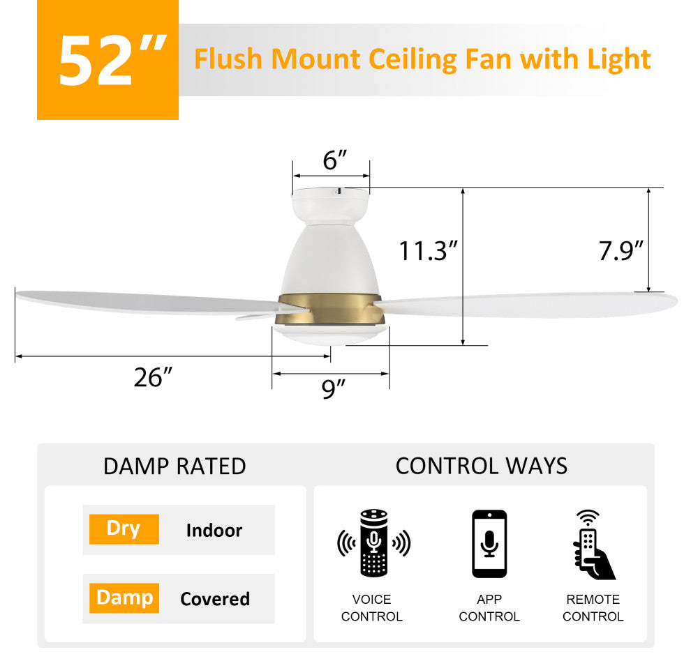 CARRO 52" Flush Mount Ceiling Fan with Dim Light and Remote 10 Speed, White/Gold