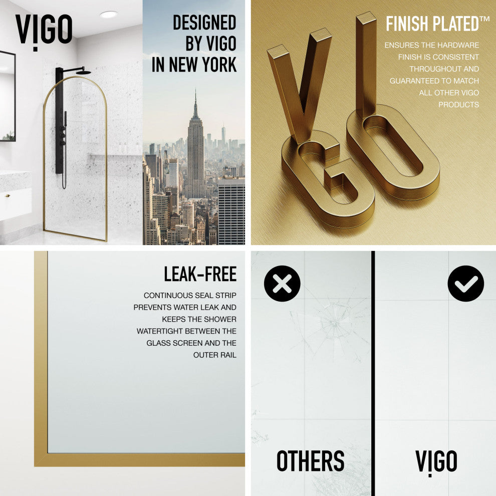 VIGO Arden 34" W x 78" H Framed Fixed Shower Screen, Matte Brushed Gold, Clear Glass