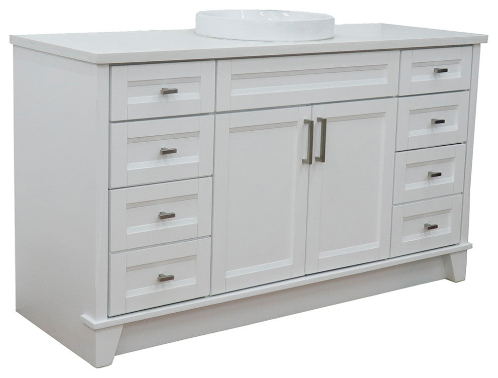 61" Single Sink Vanity, White Finish And Engineered Stone Top And Round Sink