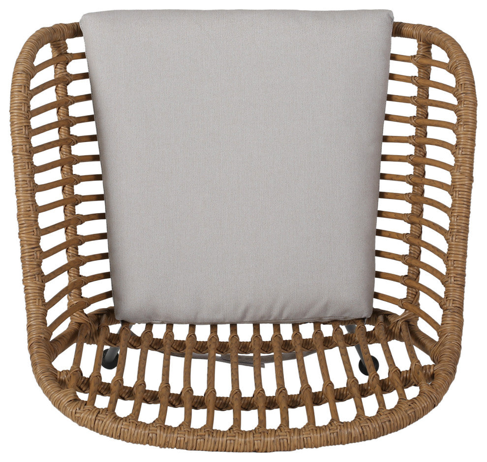 Rodney Outdoor Woven Faux Rattan Chairs With Cushions, Set of 2, Light Brown, Beige
