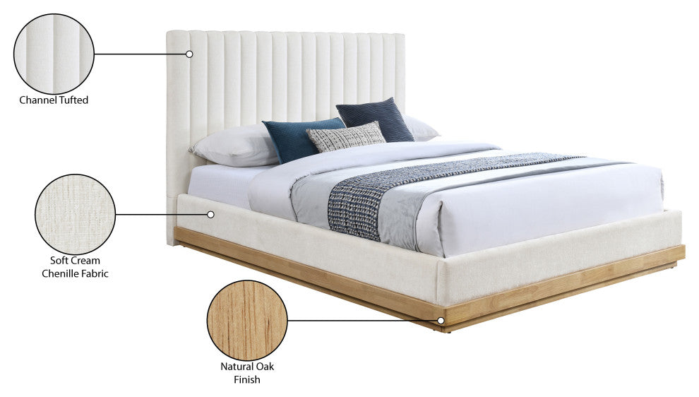 Emmet Upholstered Bed, Cream, King, Chenille, Natural Finish