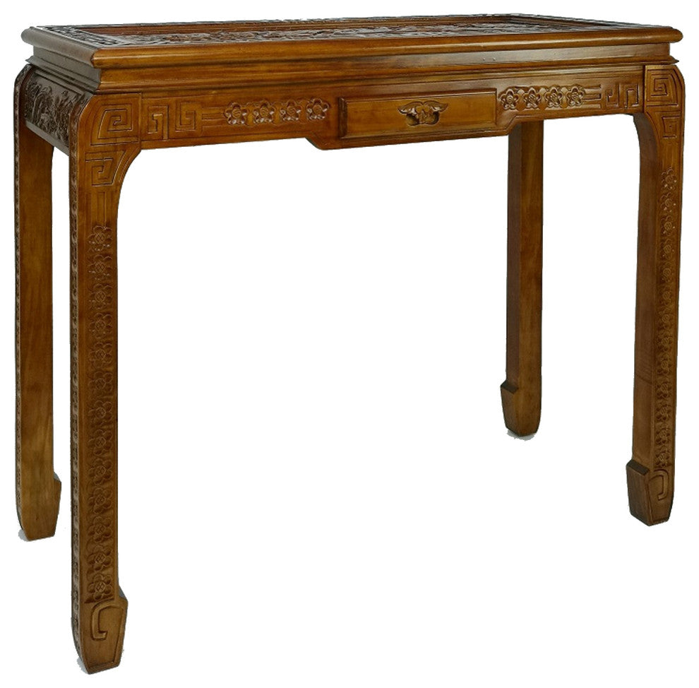 Benzara BM284635 Classic Wood Console Table, 1 Drawer, Floral Carving, Brown