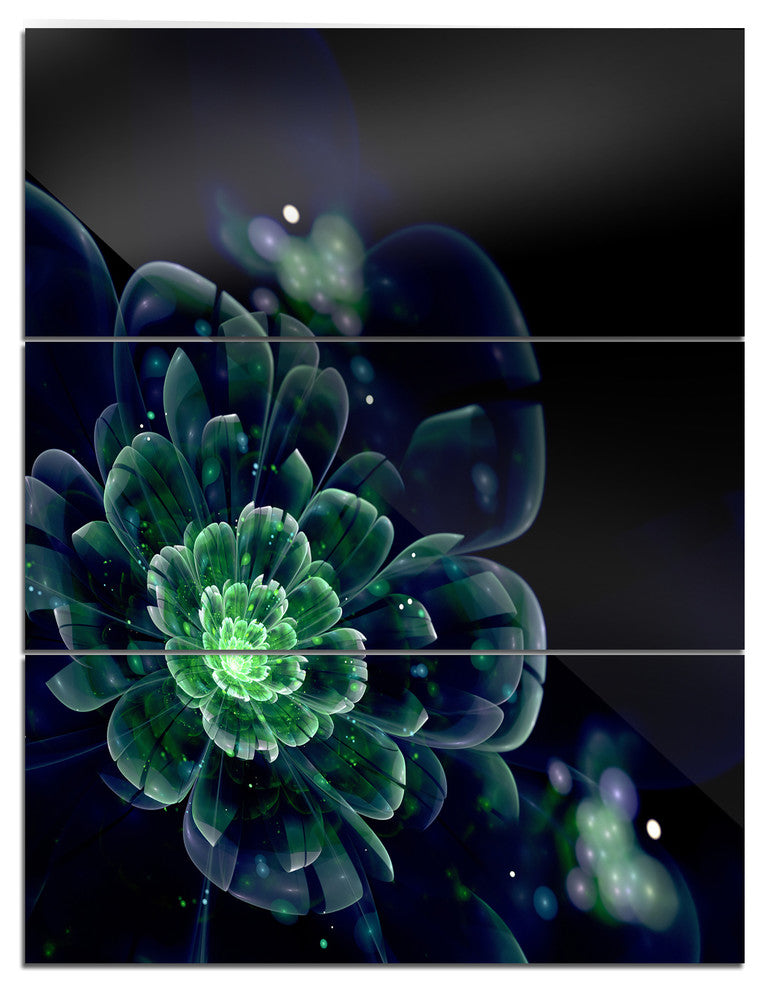 "Green Abstract Fractal Flower" Digital Metal Wall Art, 3 Panels, 28"x36"