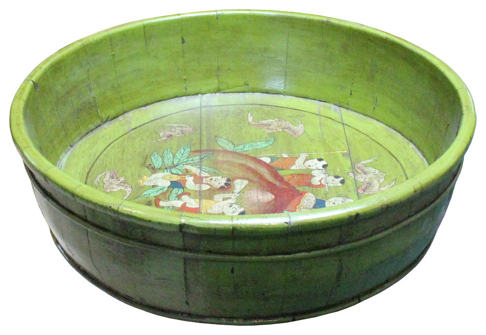 Chinese Vintage Distressed Green Graphic Round Shape Wood Bucket Hcs5092