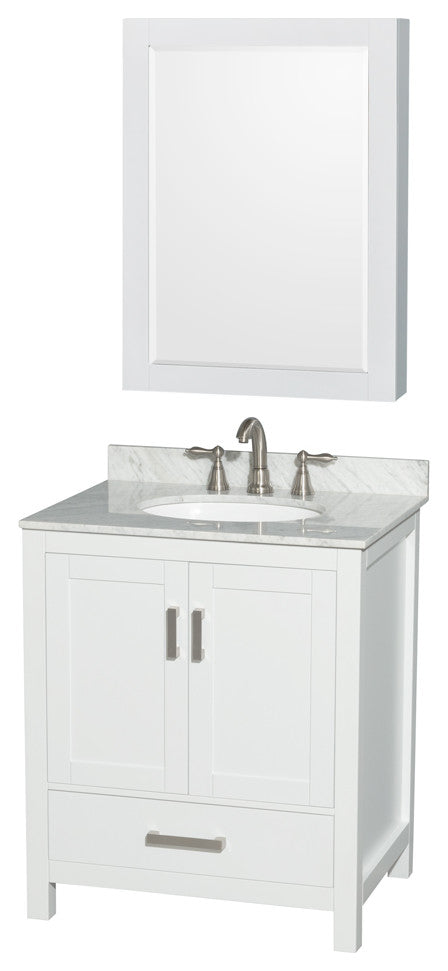 Wyndham WCS141430SWHCMUNOMED White Vanity + Carrera Marble Top and Round Sink