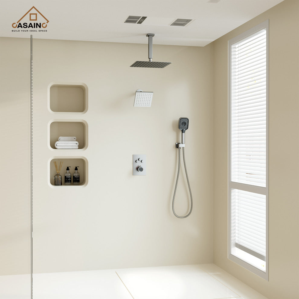 CASAINC 12" Ceiling Mounted Rainfall Shower System Set w Dual Shower Head, Brushed Nickel