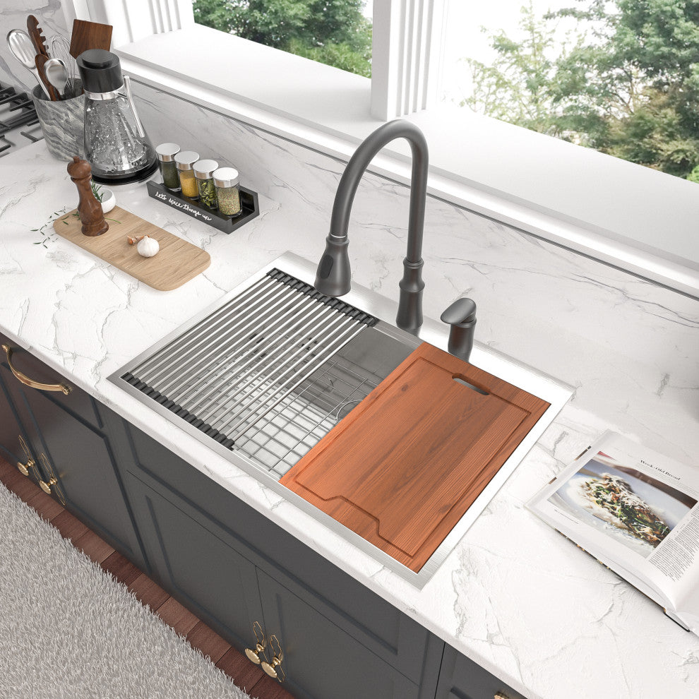 Workstation Drop-In 16 Gauge Stainless Steel Single Bowl Kitchen Sink, 30x22x10 in